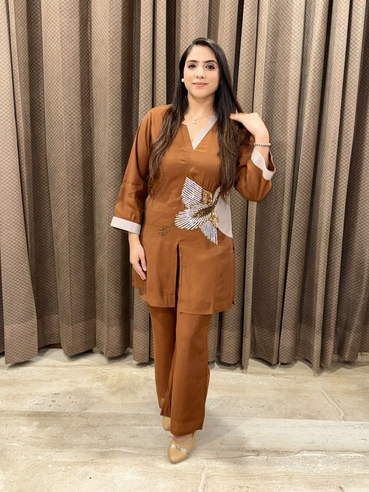 Brown Co-ord set with beautiful crane handwork
