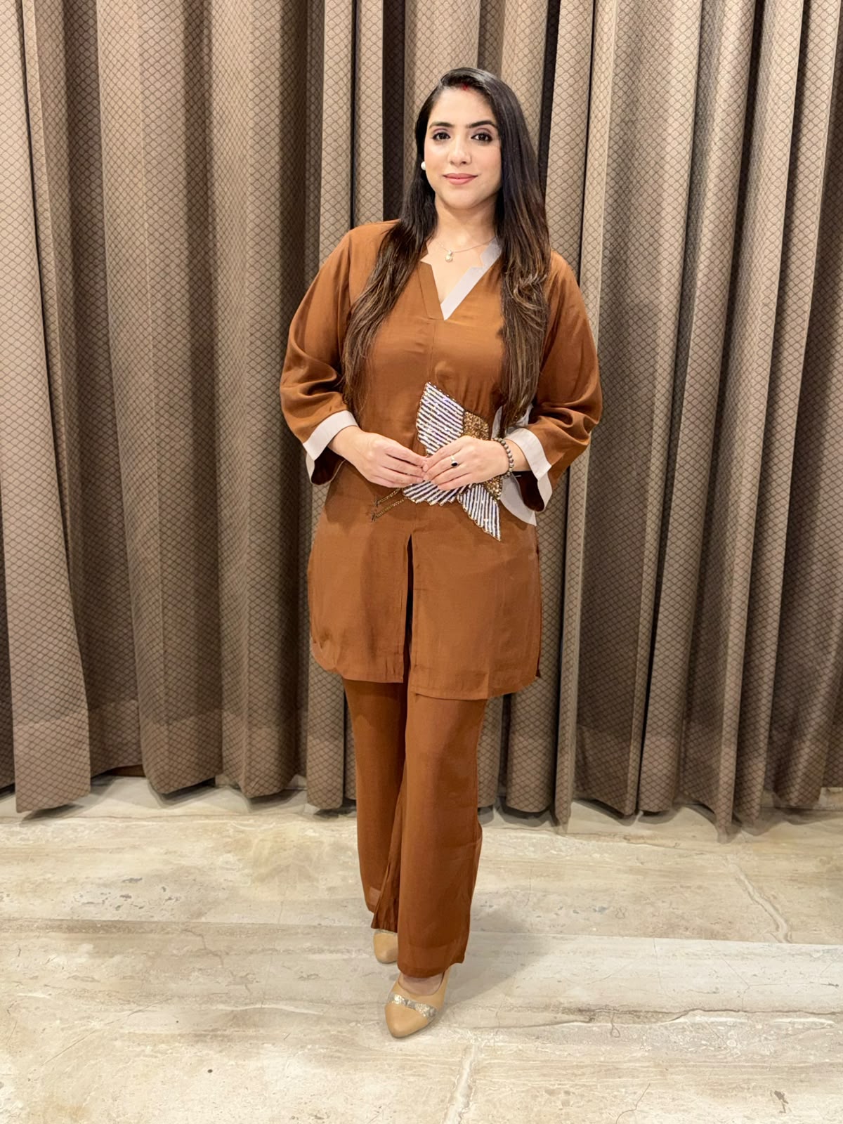 Brown Co-ord set with beautiful crane handwork