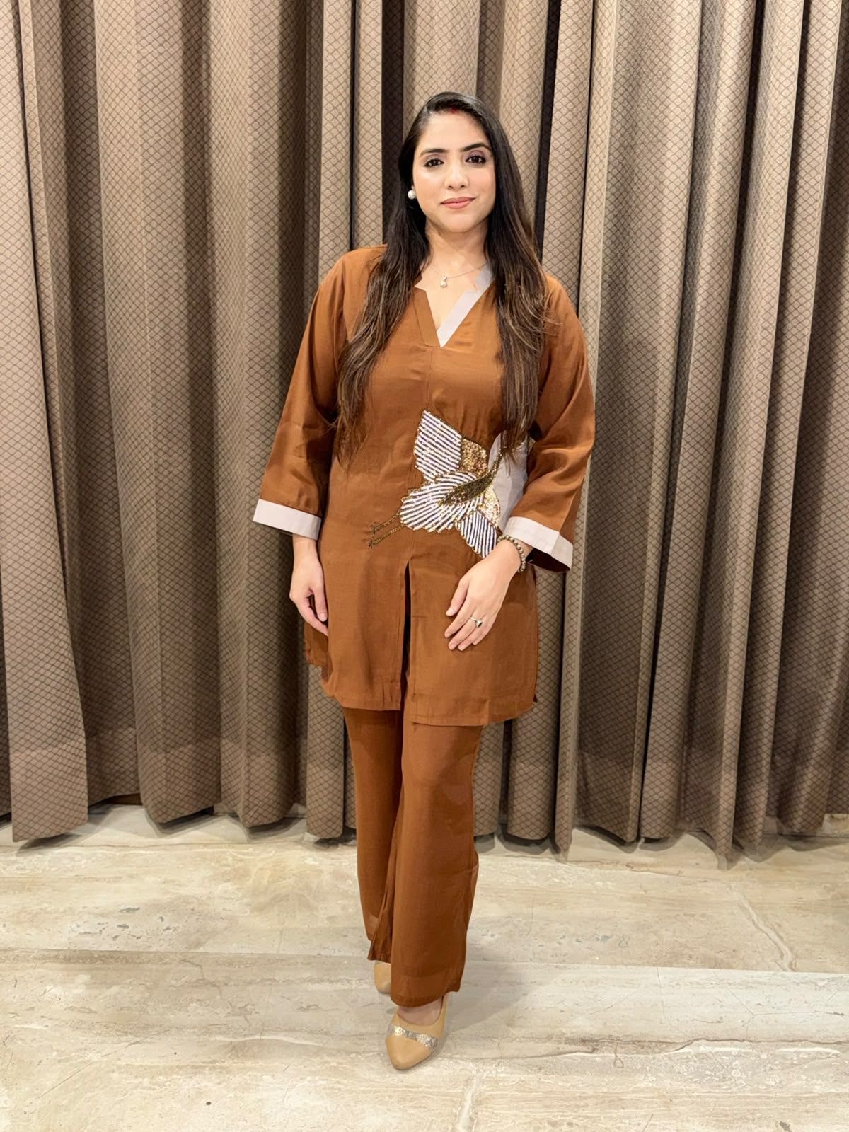 Brown Co-ord set with beautiful crane handwork