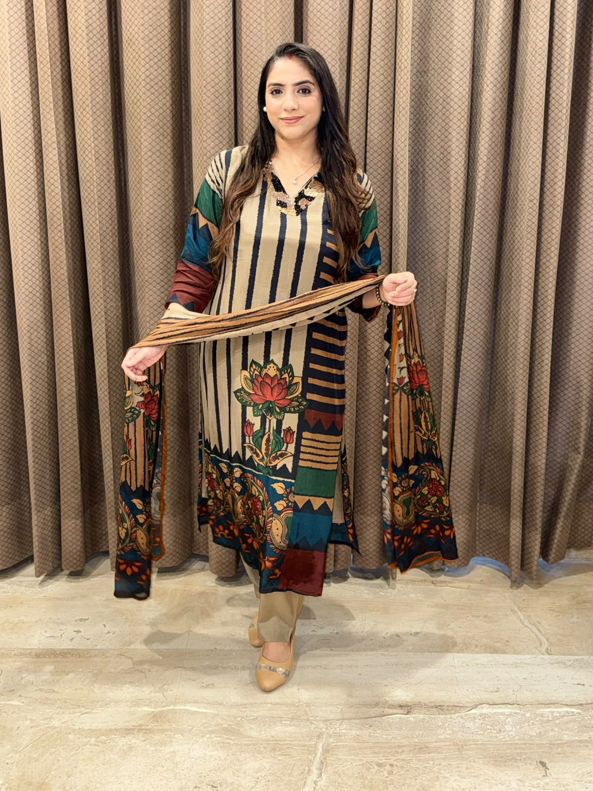 Beige digital Straight suit with handwork & dupatta