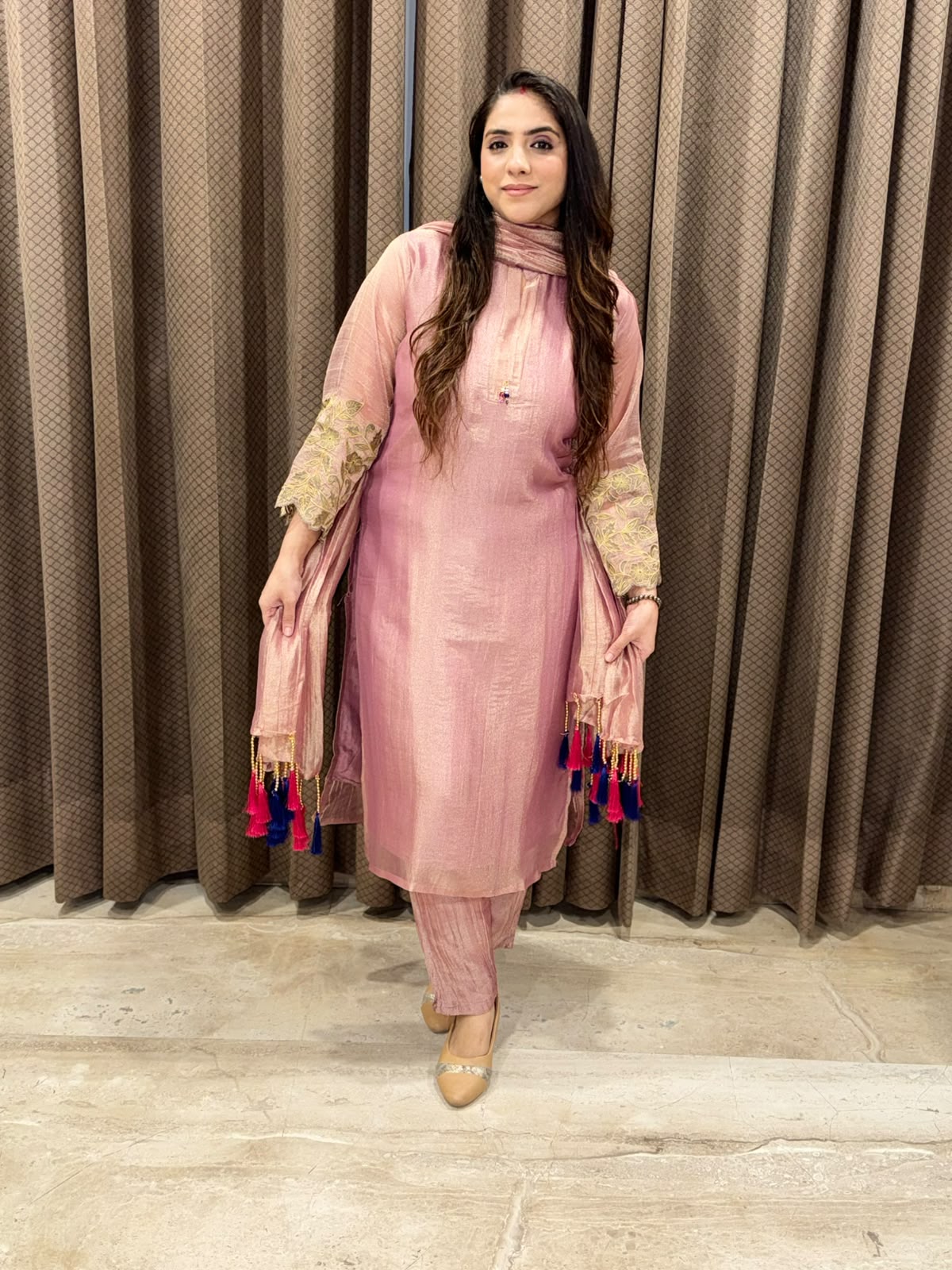 Pink Straight suit with handwork & designer dupatta