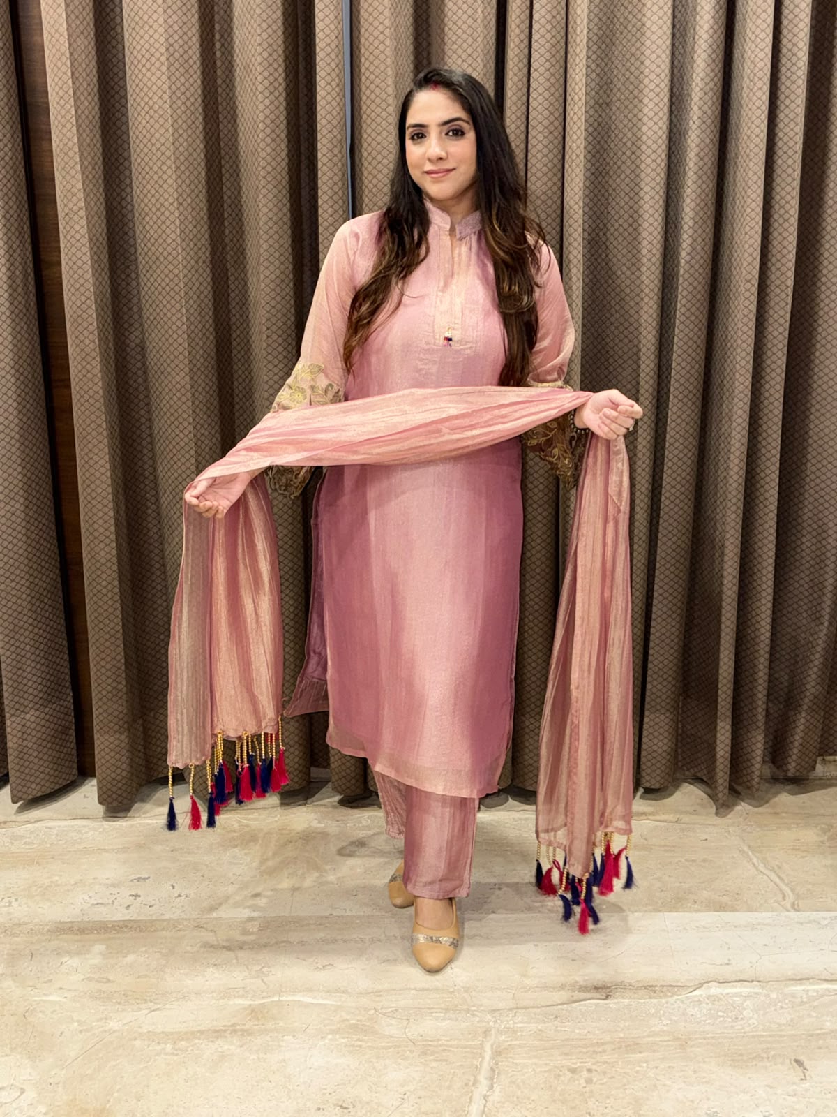 Pink Straight suit with handwork & designer dupatta