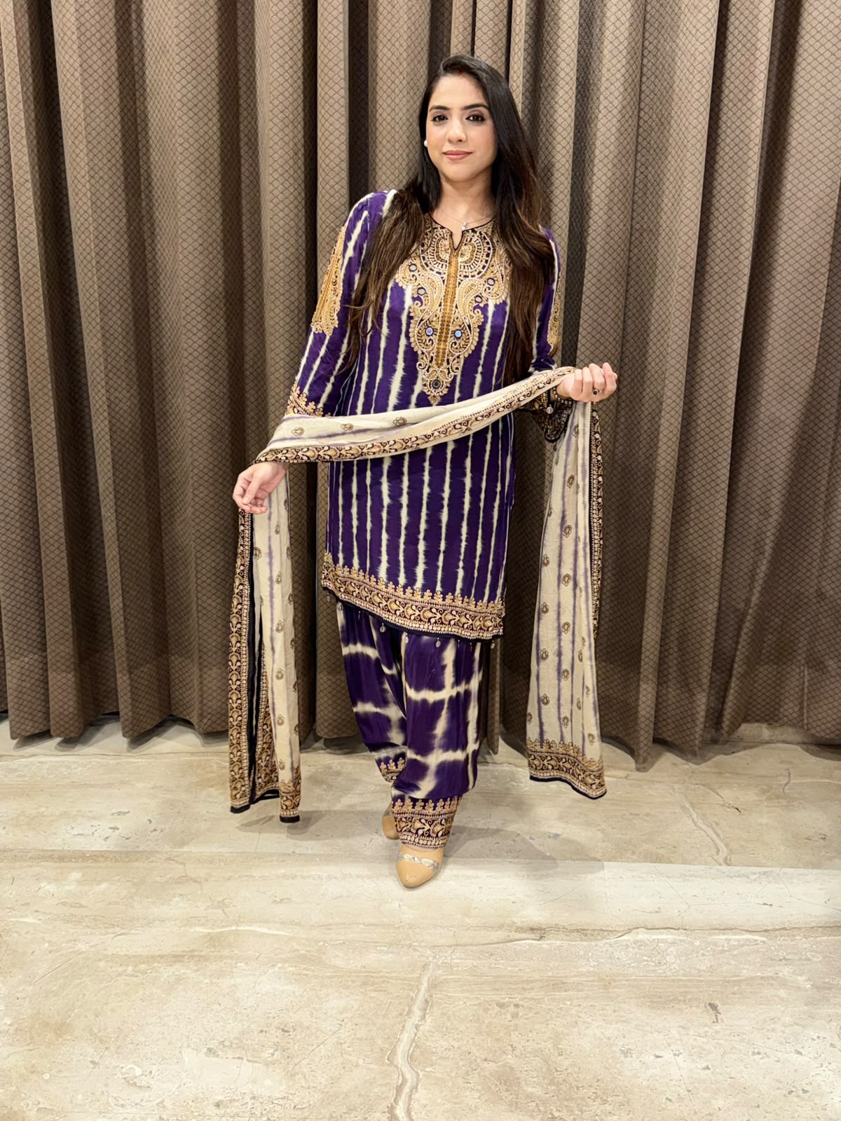 Designer Purple tye & dye Farshi set with dupatta & handwork