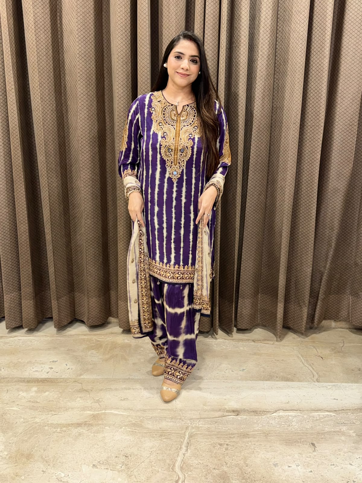 Designer Purple tye & dye Farshi set with dupatta & handwork