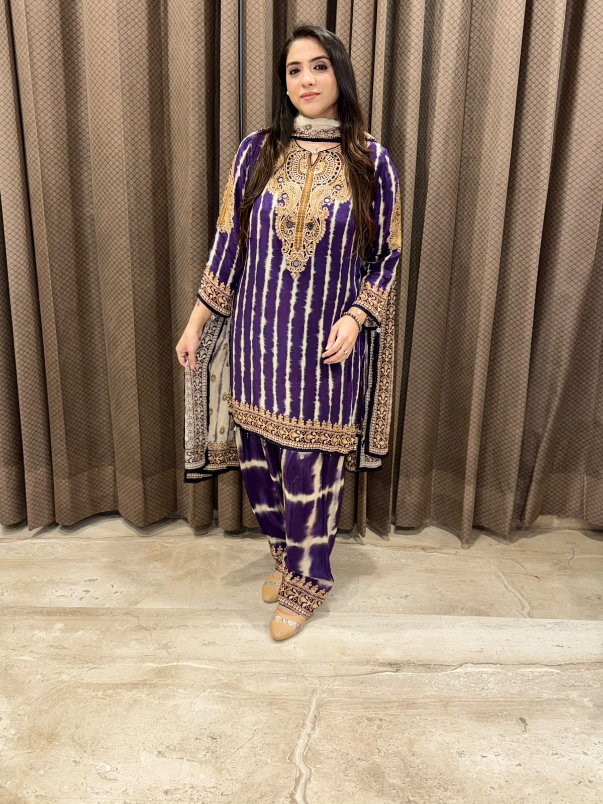 Designer Purple tye & dye Farshi set with dupatta & handwork