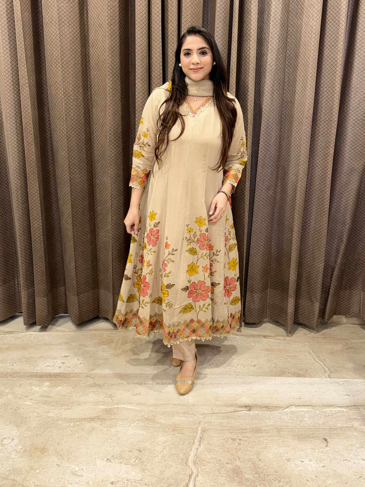 Golden & rust floral designer Anarkali set with handwork and dupatta