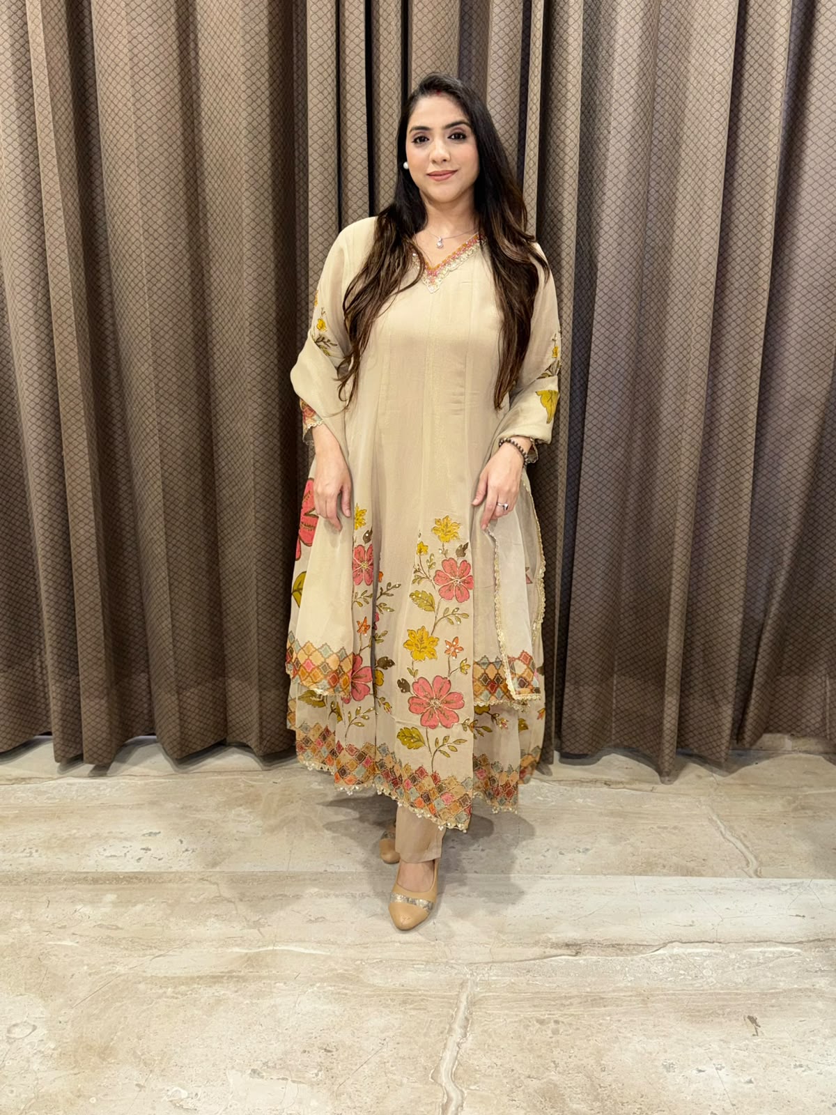 Golden & rust floral designer Anarkali set with handwork and dupatta