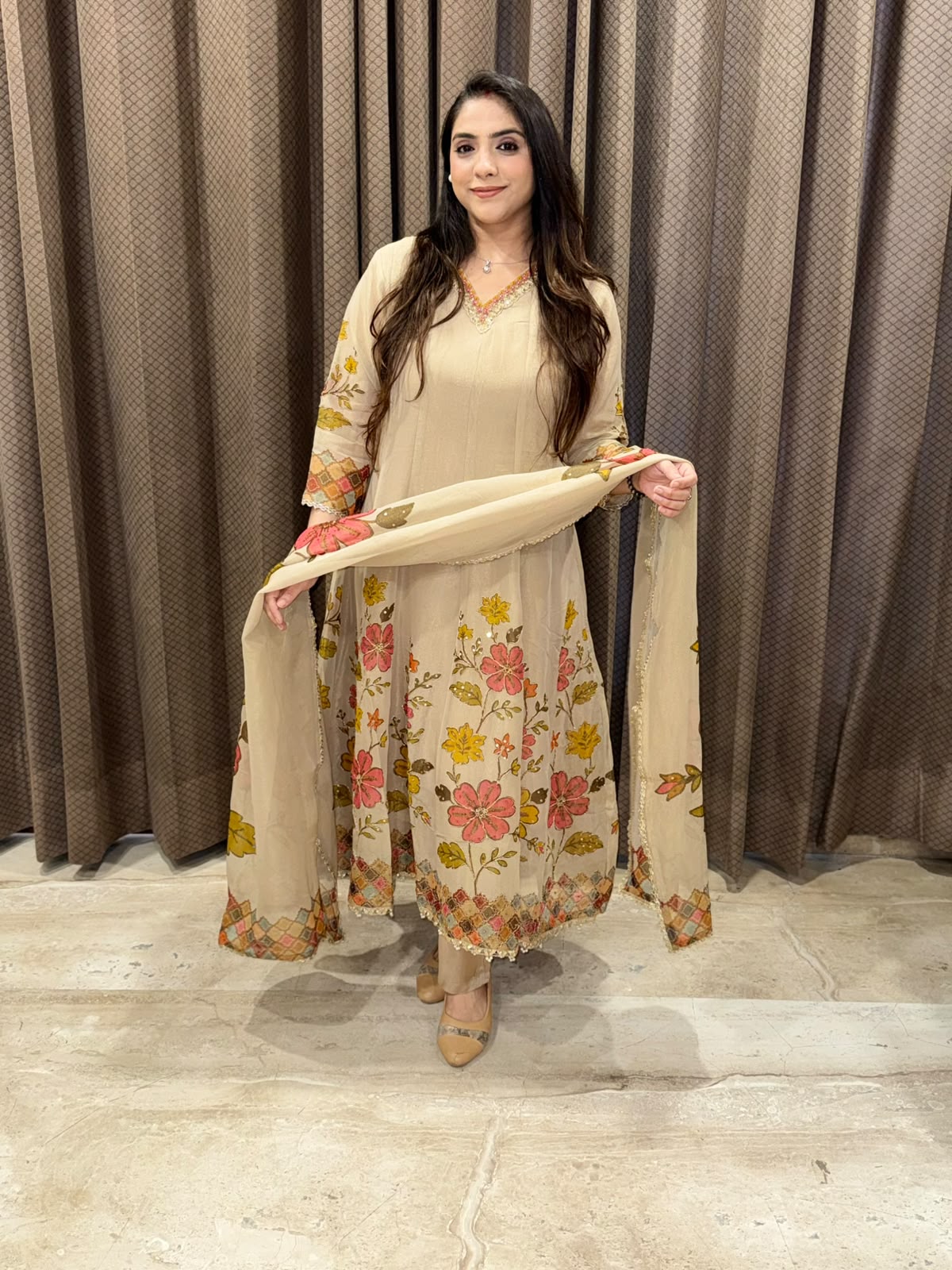 Golden & rust floral designer Anarkali set with handwork and dupatta