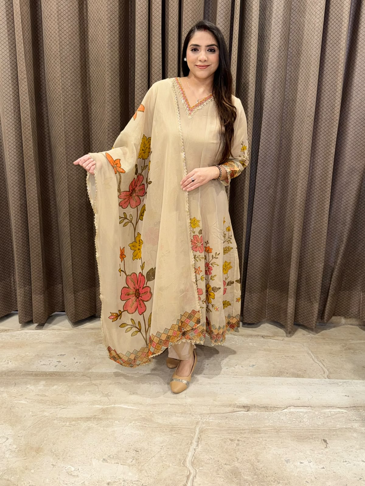 Golden & rust floral designer Anarkali set with handwork and dupatta