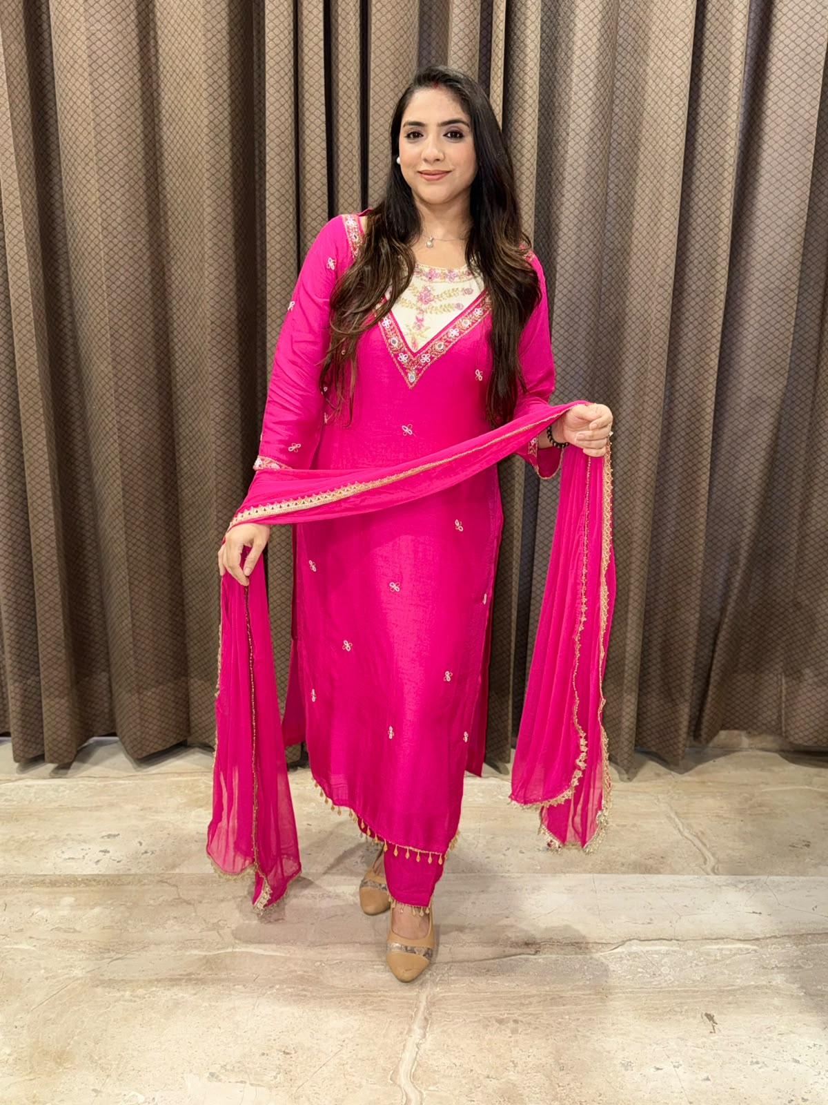 Elegant Pink straight suit with designer neck and handwork