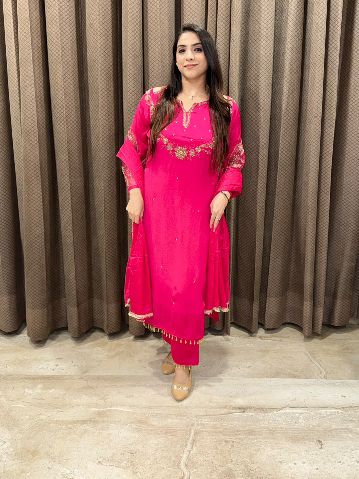 Designer Pink straight suit with designer neck and handwork