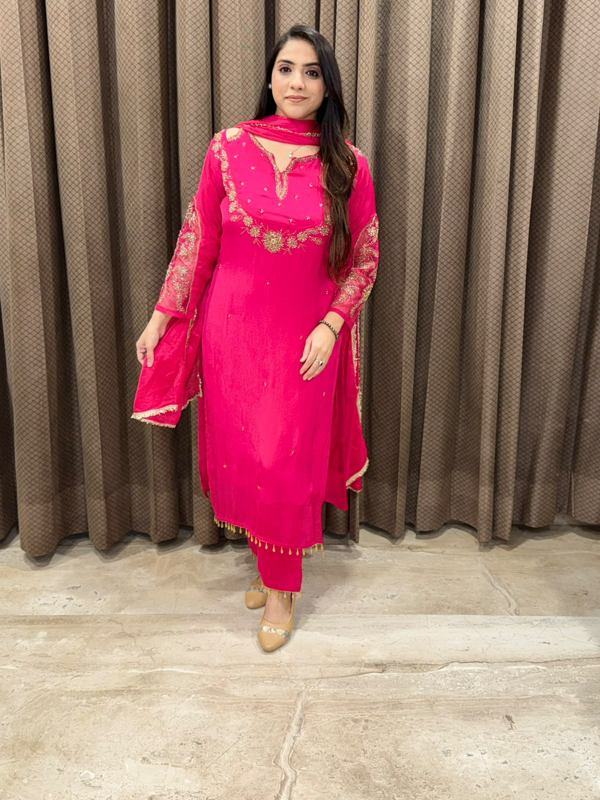 Designer Pink straight suit with designer neck and handwork