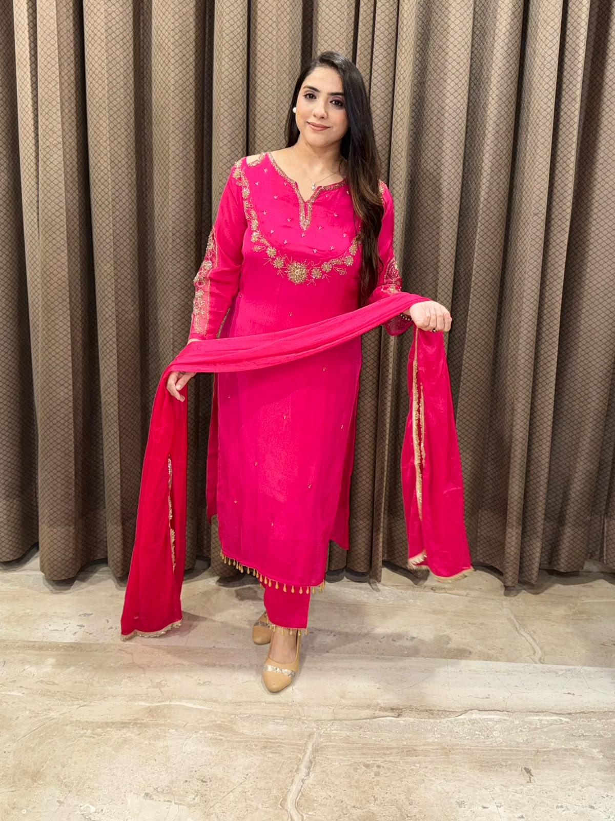 Designer Pink straight suit with designer neck and handwork