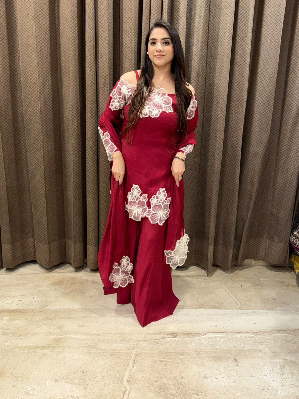 Maroon designer Indowestern set with applique flower work