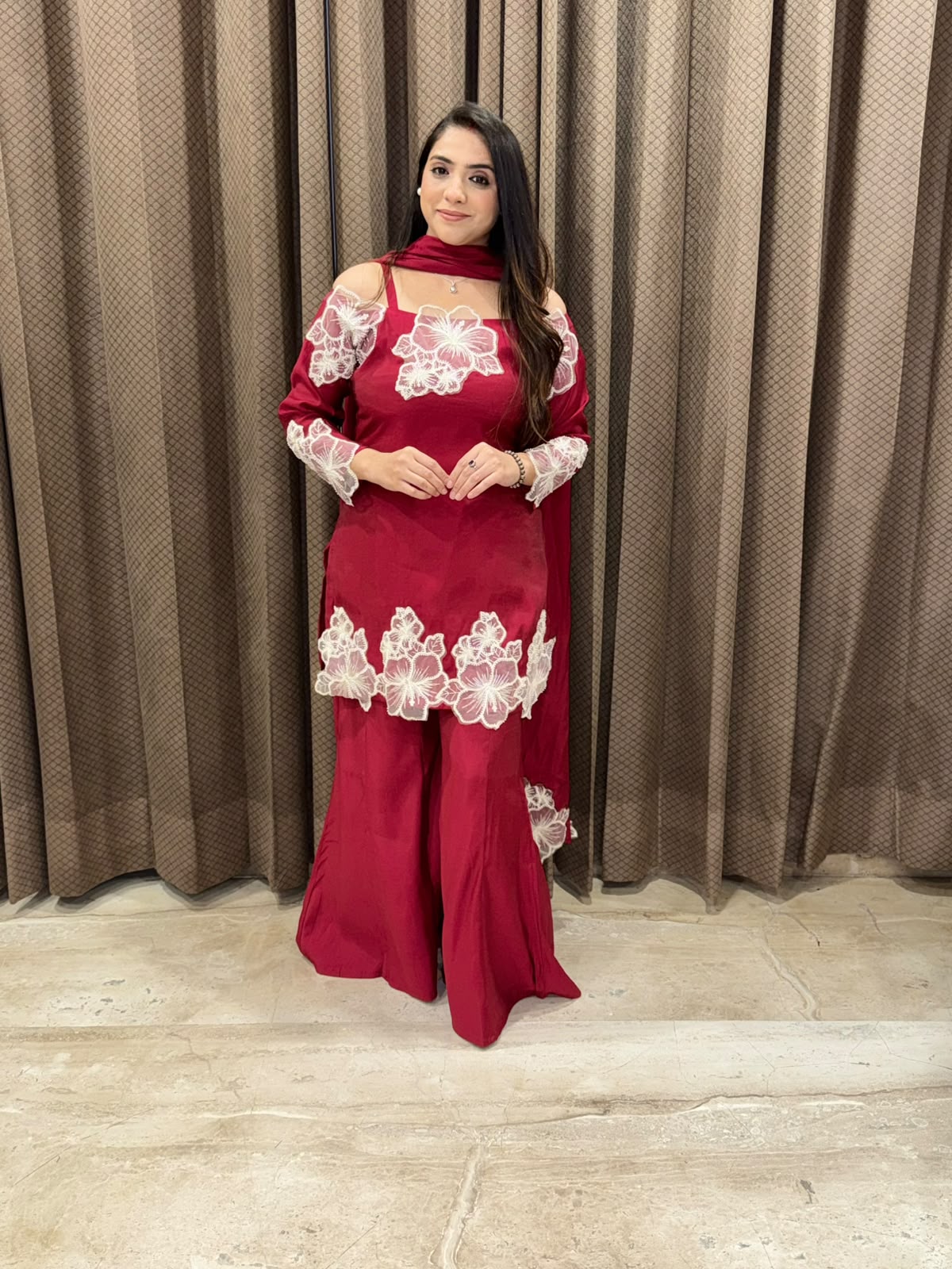 Maroon designer Indowestern set with applique flower work