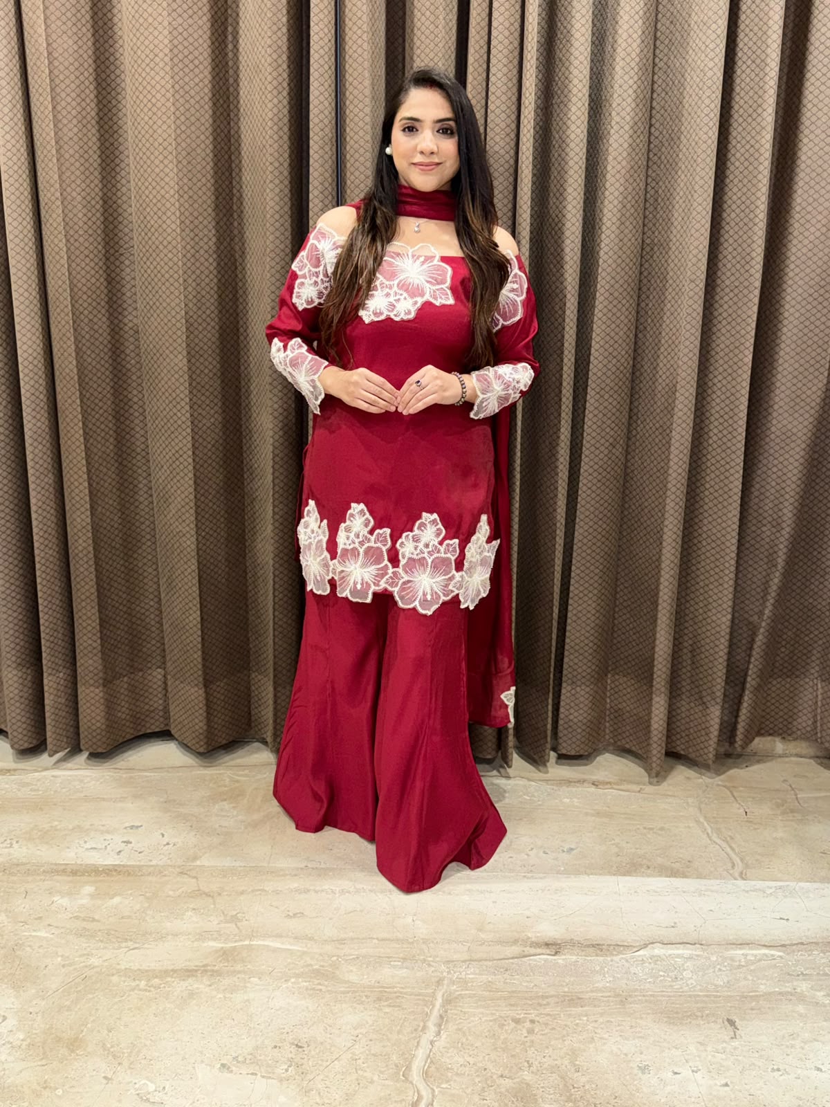 Maroon designer Indowestern set with applique flower work