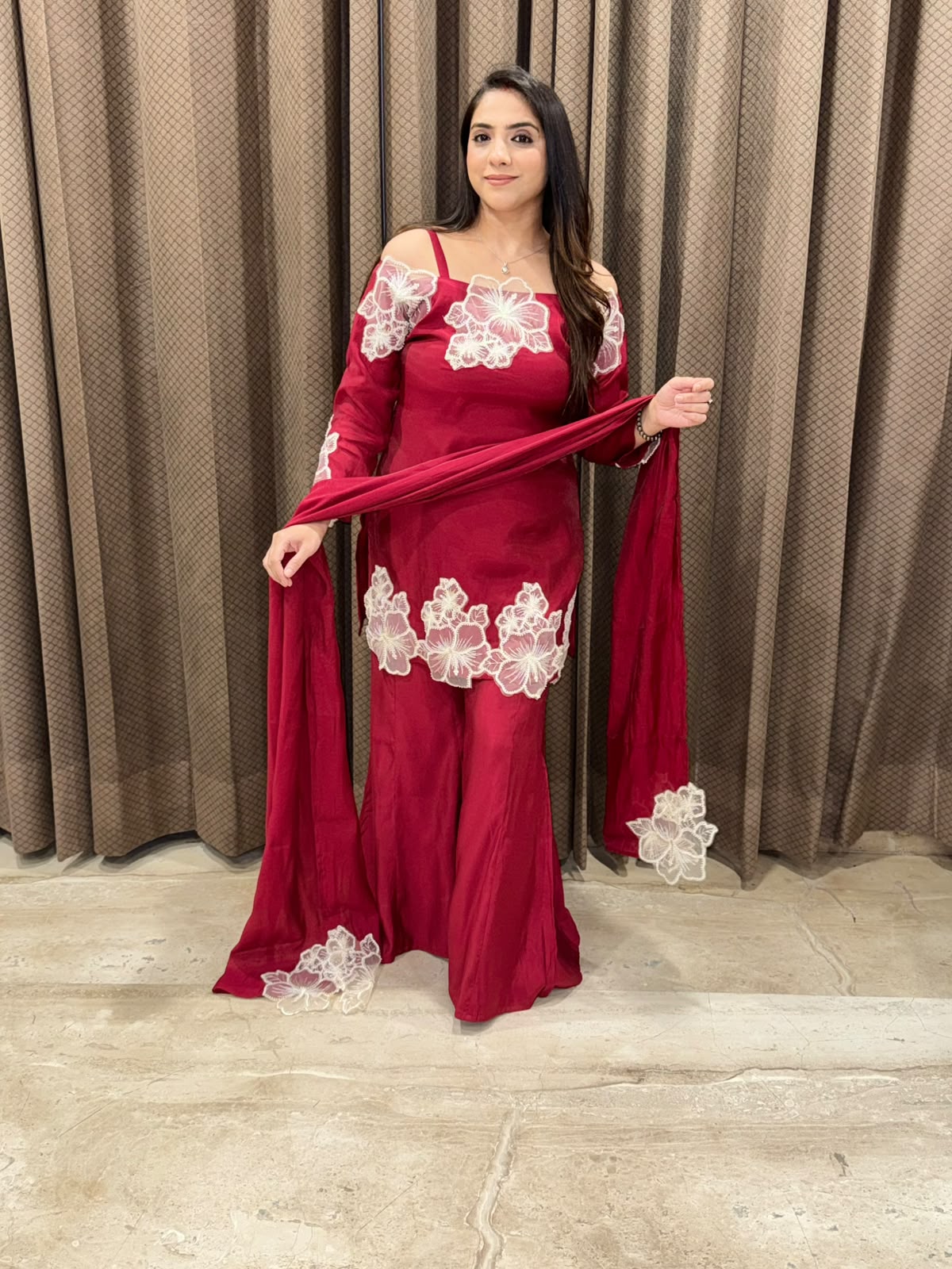 Maroon designer Indowestern set with applique flower work