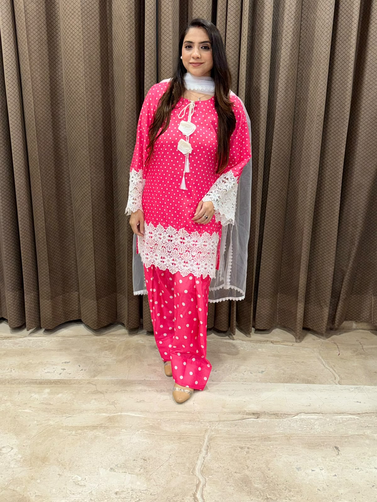 Pink polka designer Farshi set with flower & crotia work