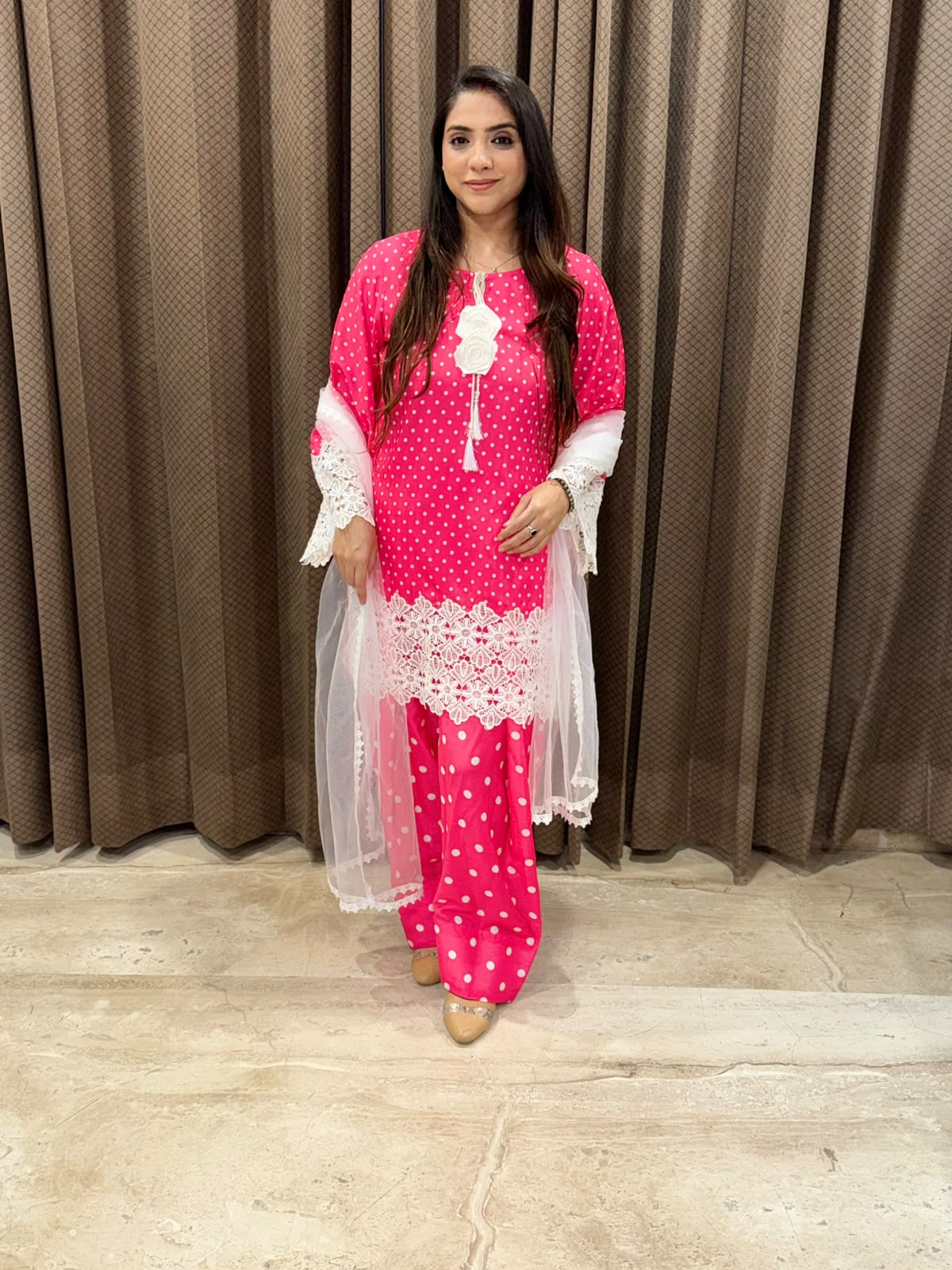 Pink polka designer Farshi set with flower & crotia work