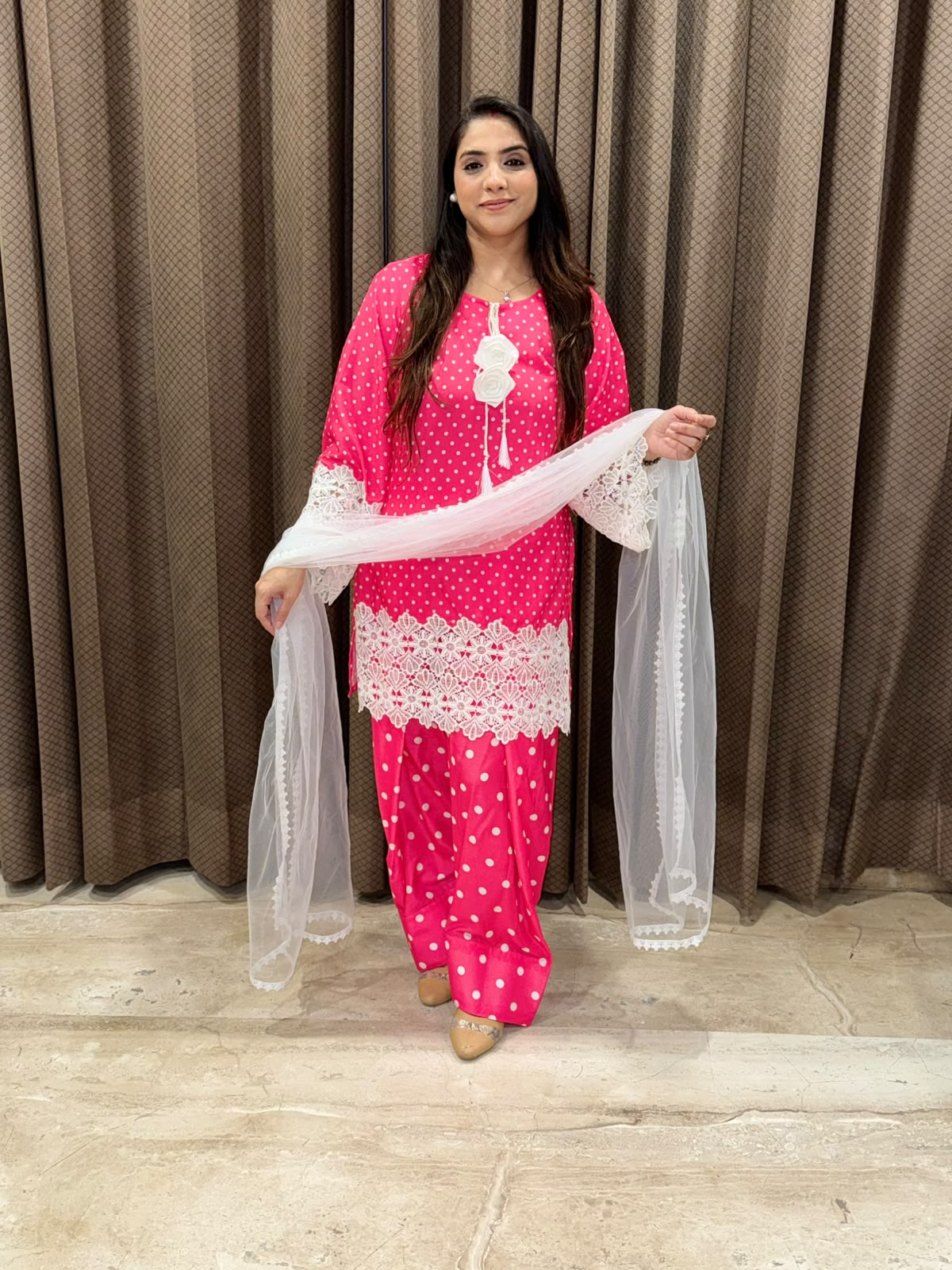 Pink polka designer Farshi set with flower & crotia work