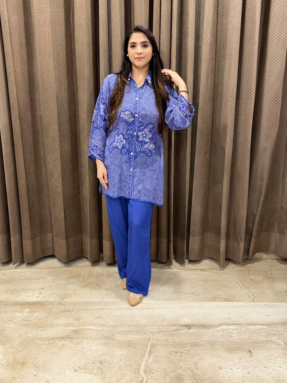 Smart blue bandhani Co-ord set with handwork