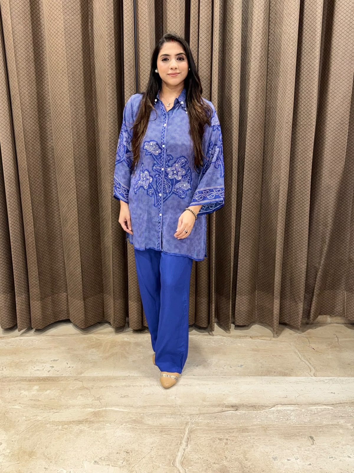 Smart blue bandhani Co-ord set with handwork