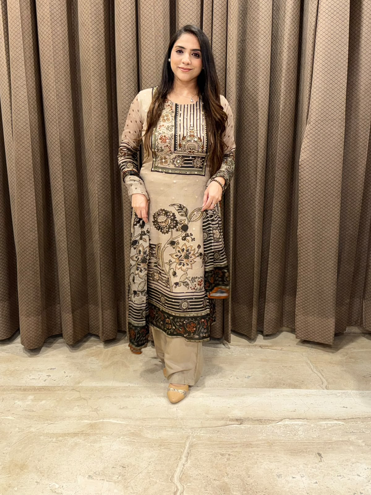 Brown Digital straight suit with designer back and handwork
