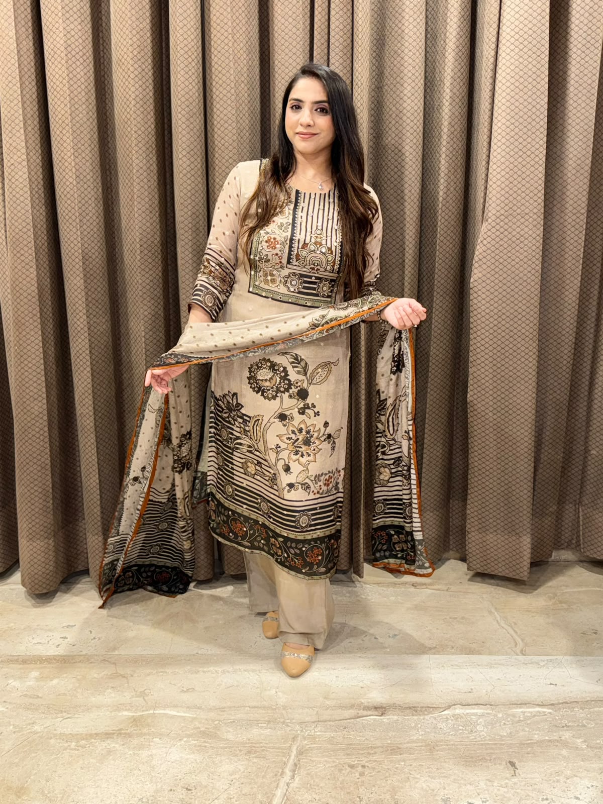 Brown Digital straight suit with designer back and handwork