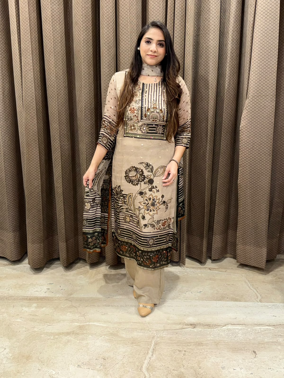 Brown Digital straight suit with designer back and handwork