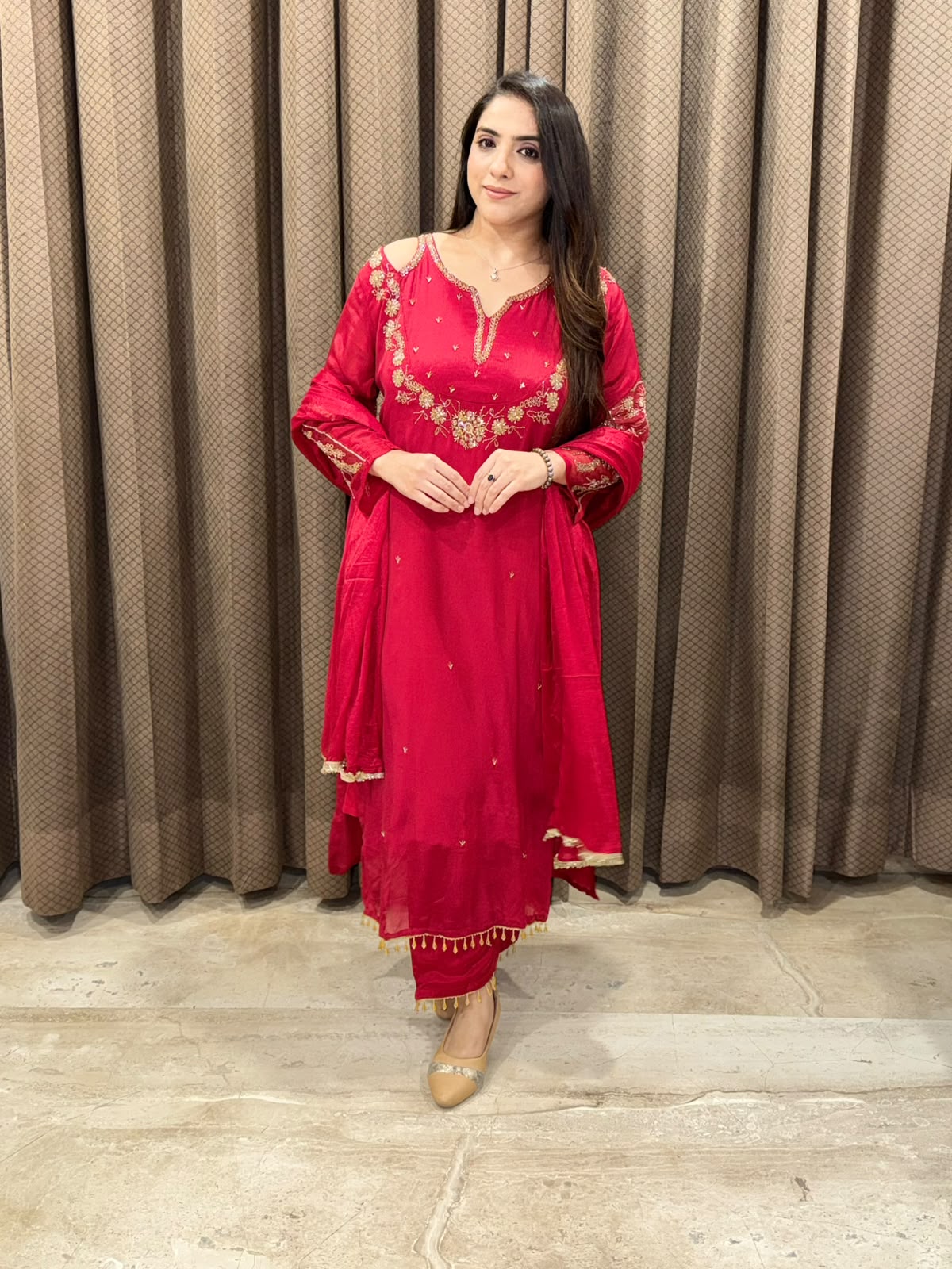 Designer Red straight suit with designer neck and handwork