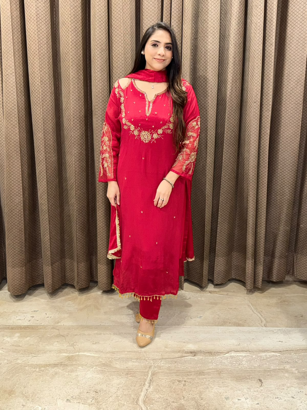 Designer Red straight suit with designer neck and handwork