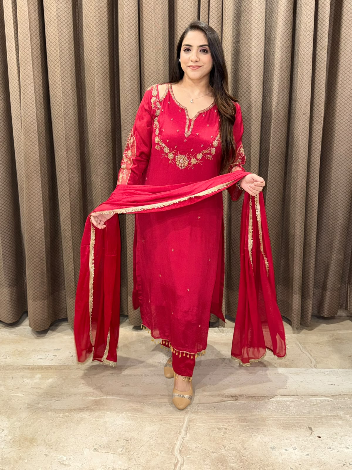 Designer Red straight suit with designer neck and handwork
