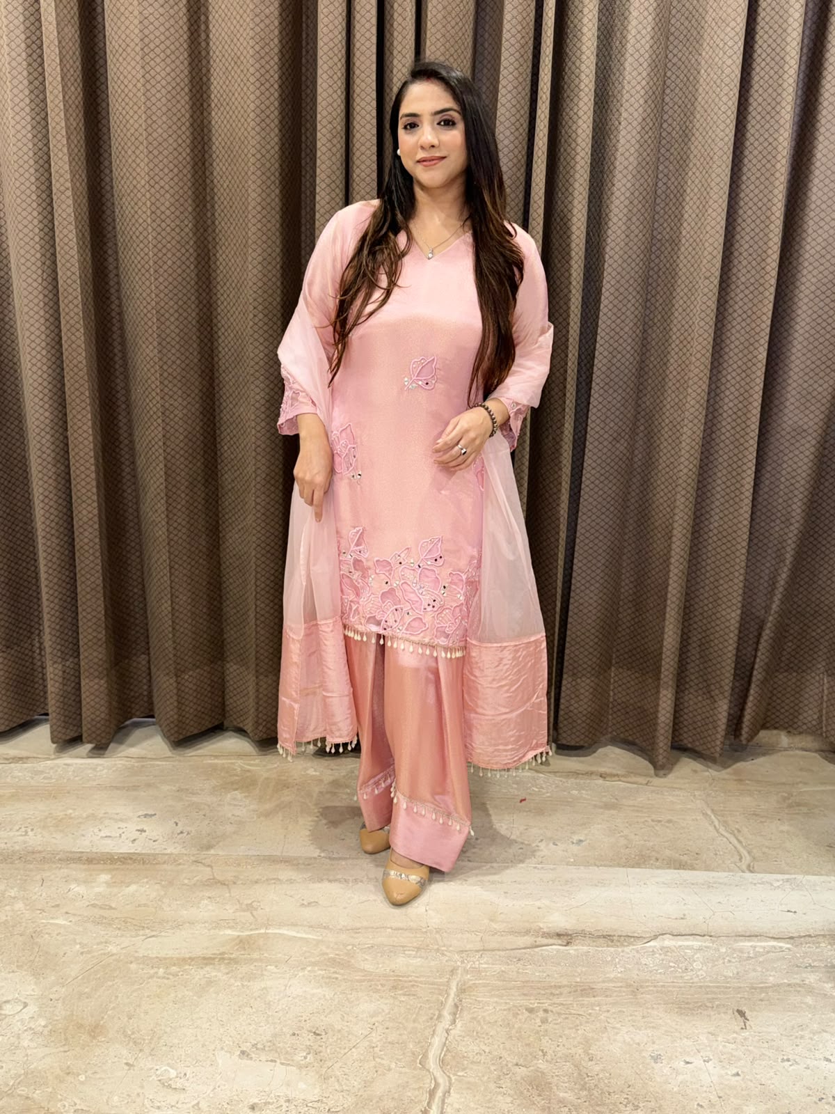 Designer Pink Farshi set with dupatta & applique handwork