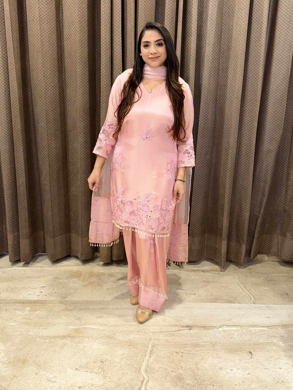 Designer Pink Farshi set with dupatta & applique handwork