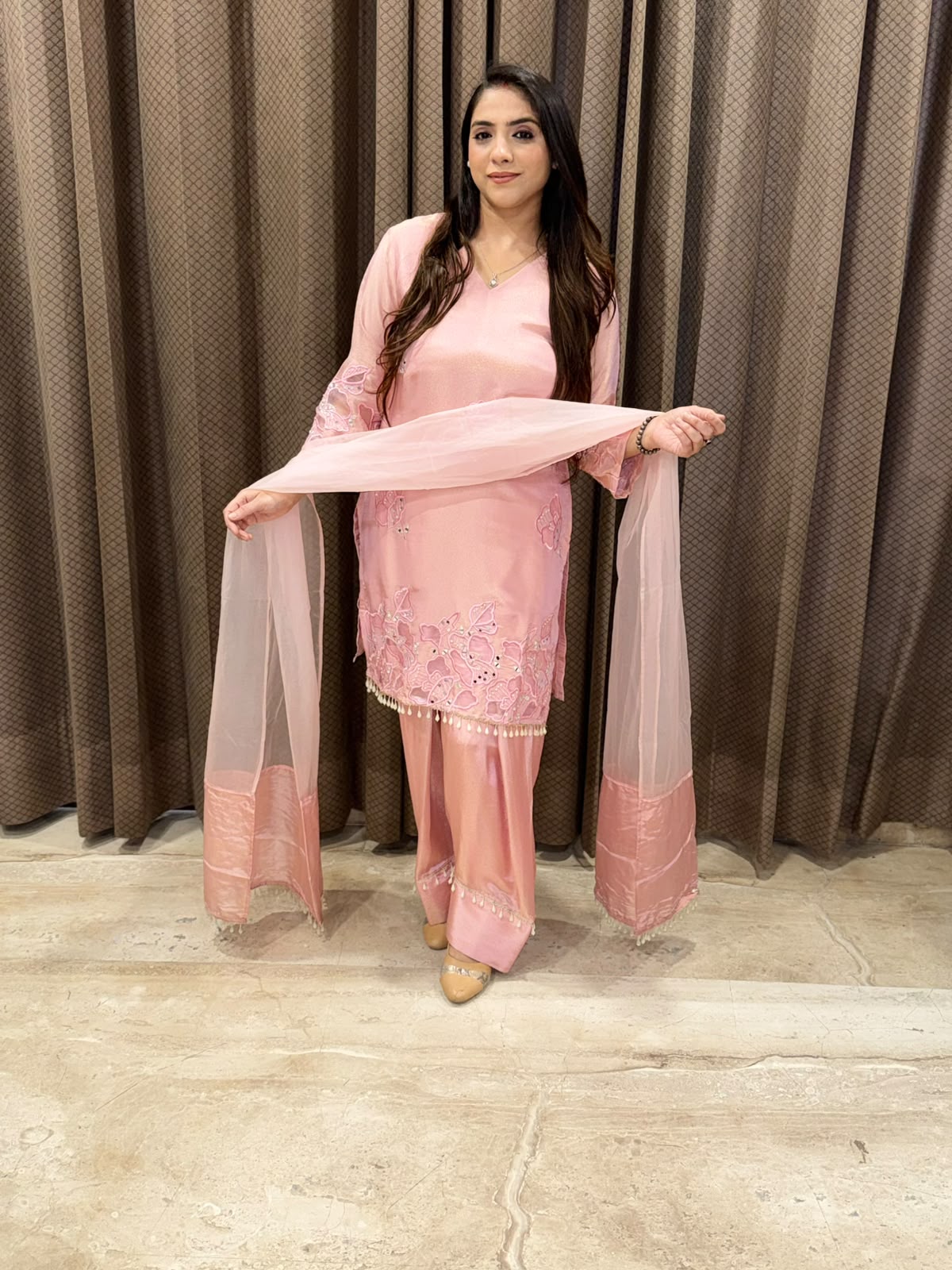 Designer Pink Farshi set with dupatta & applique handwork