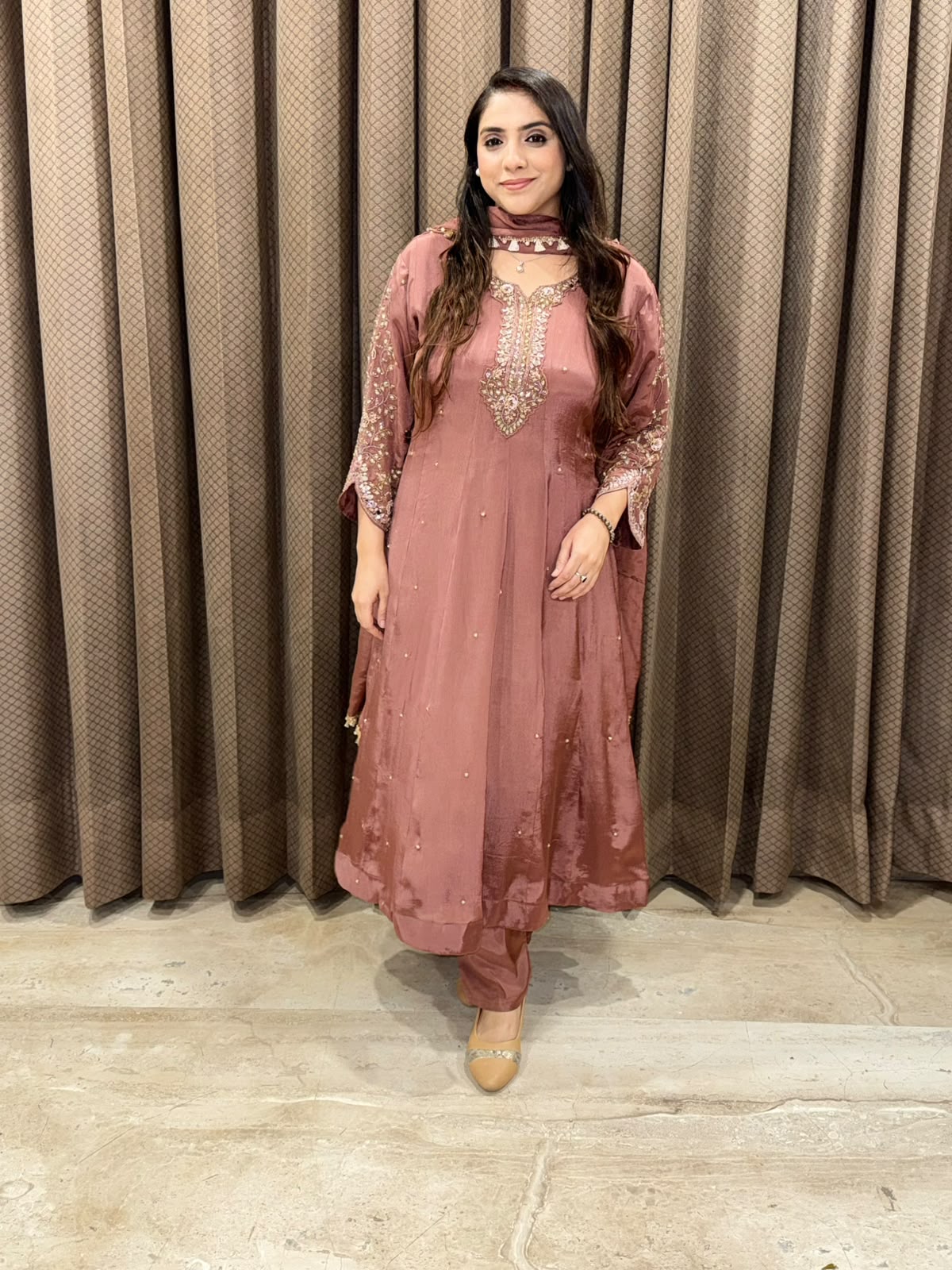 Dusty Rose designer Anarkali set with handwork and dupatta