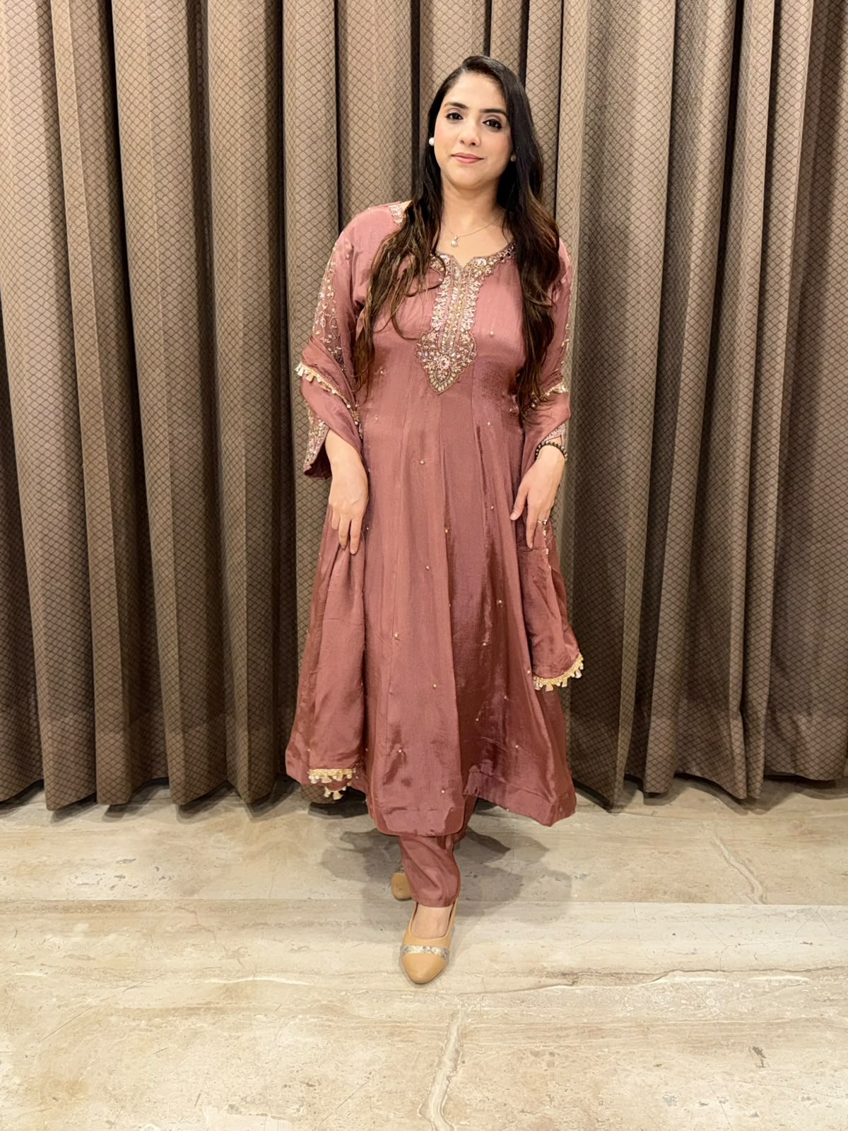 Dusty Rose designer Anarkali set with handwork and dupatta