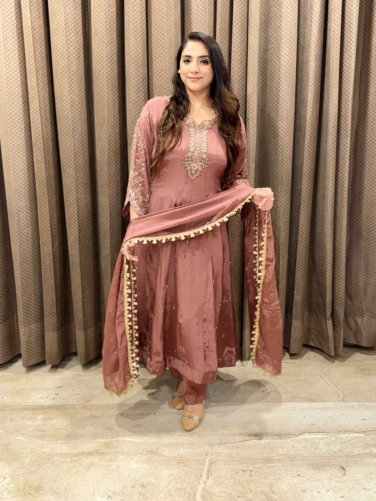 Dusty Rose designer Anarkali set with handwork and dupatta