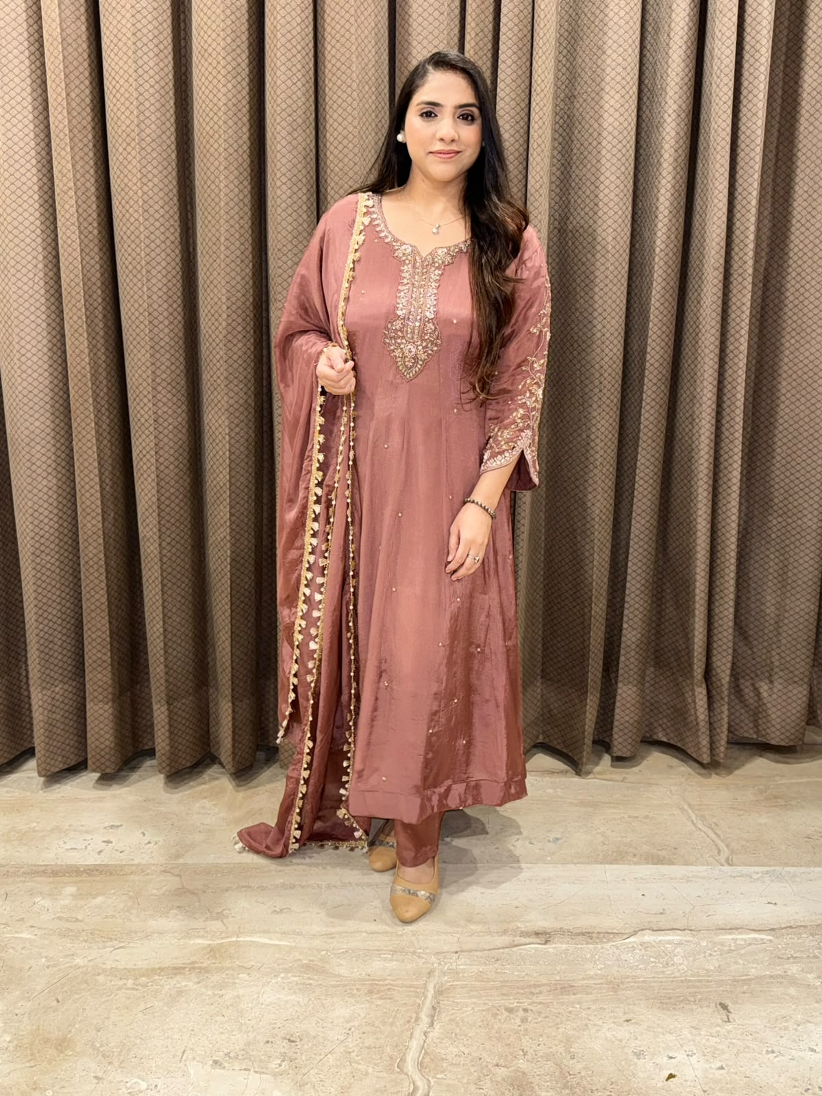 Dusty Rose designer Anarkali set with handwork and dupatta