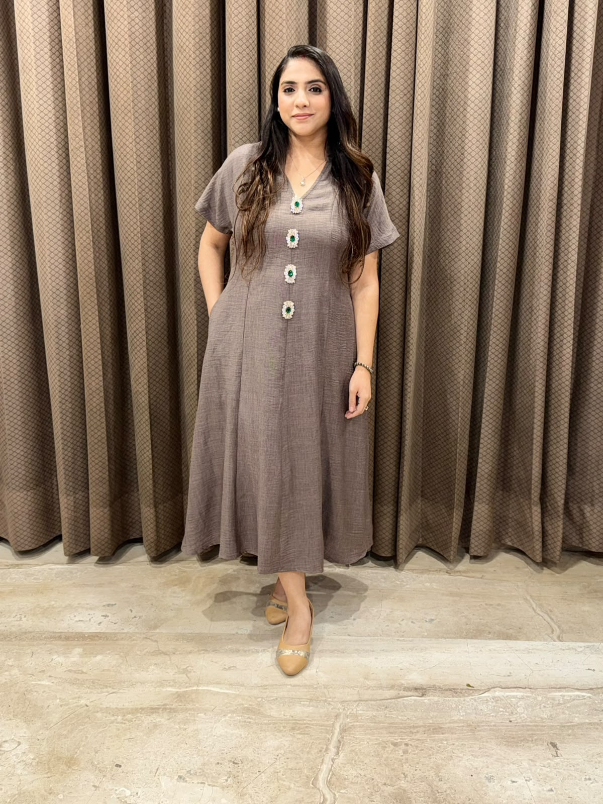 Smart Grey Midi dress with jewellery buttons & pockets