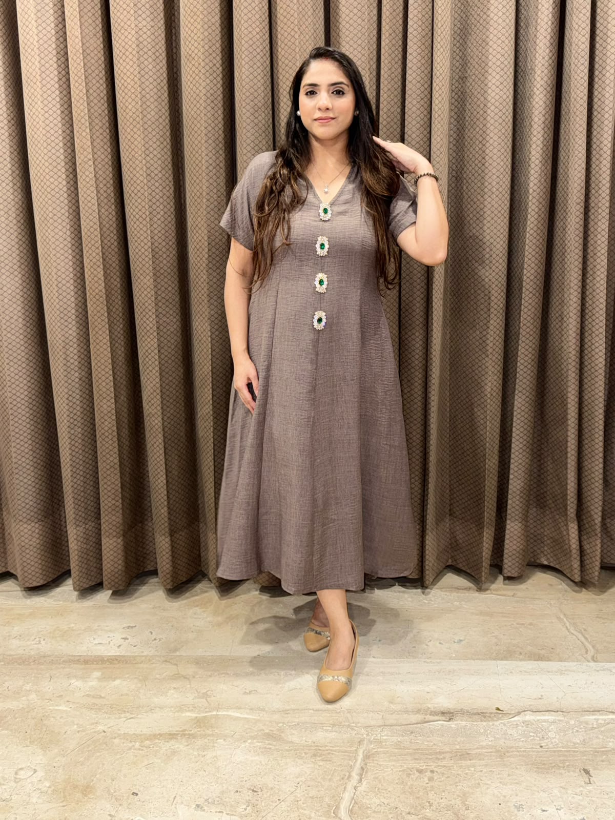 Smart Grey Midi dress with jewellery buttons & pockets