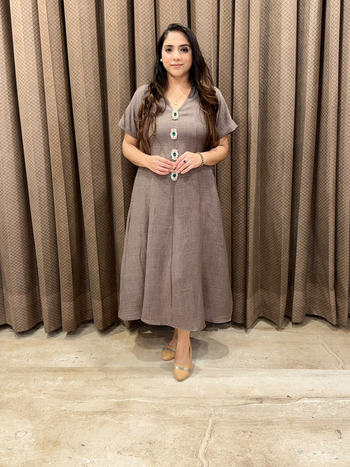 Smart Grey Midi dress with jewellery buttons & pockets
