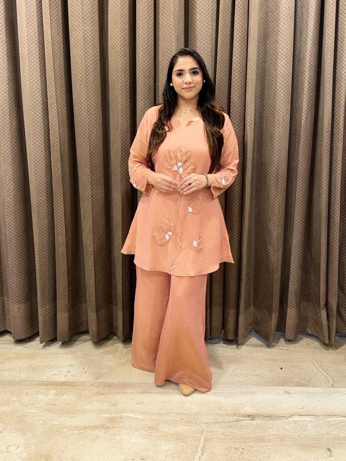 Designer Peach Co-ord set & applique handwork