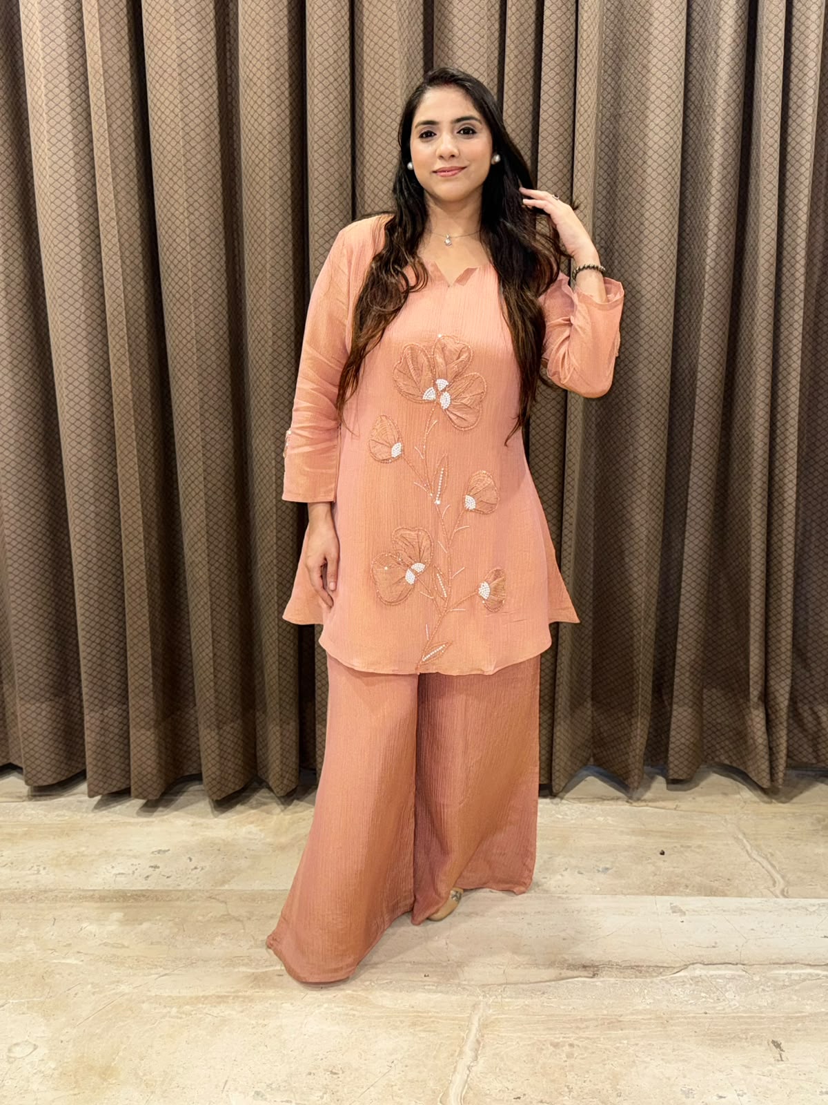 Designer Peach Co-ord set & applique handwork