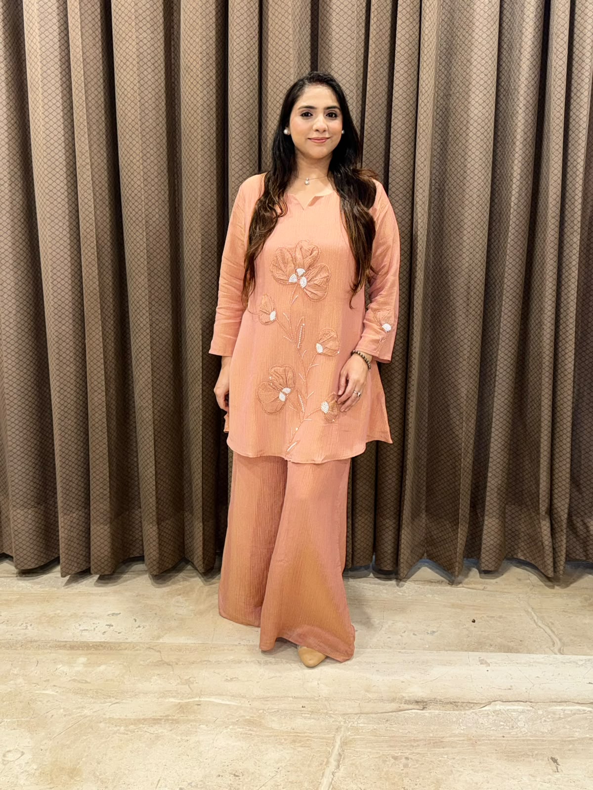 Designer Peach Co-ord set & applique handwork