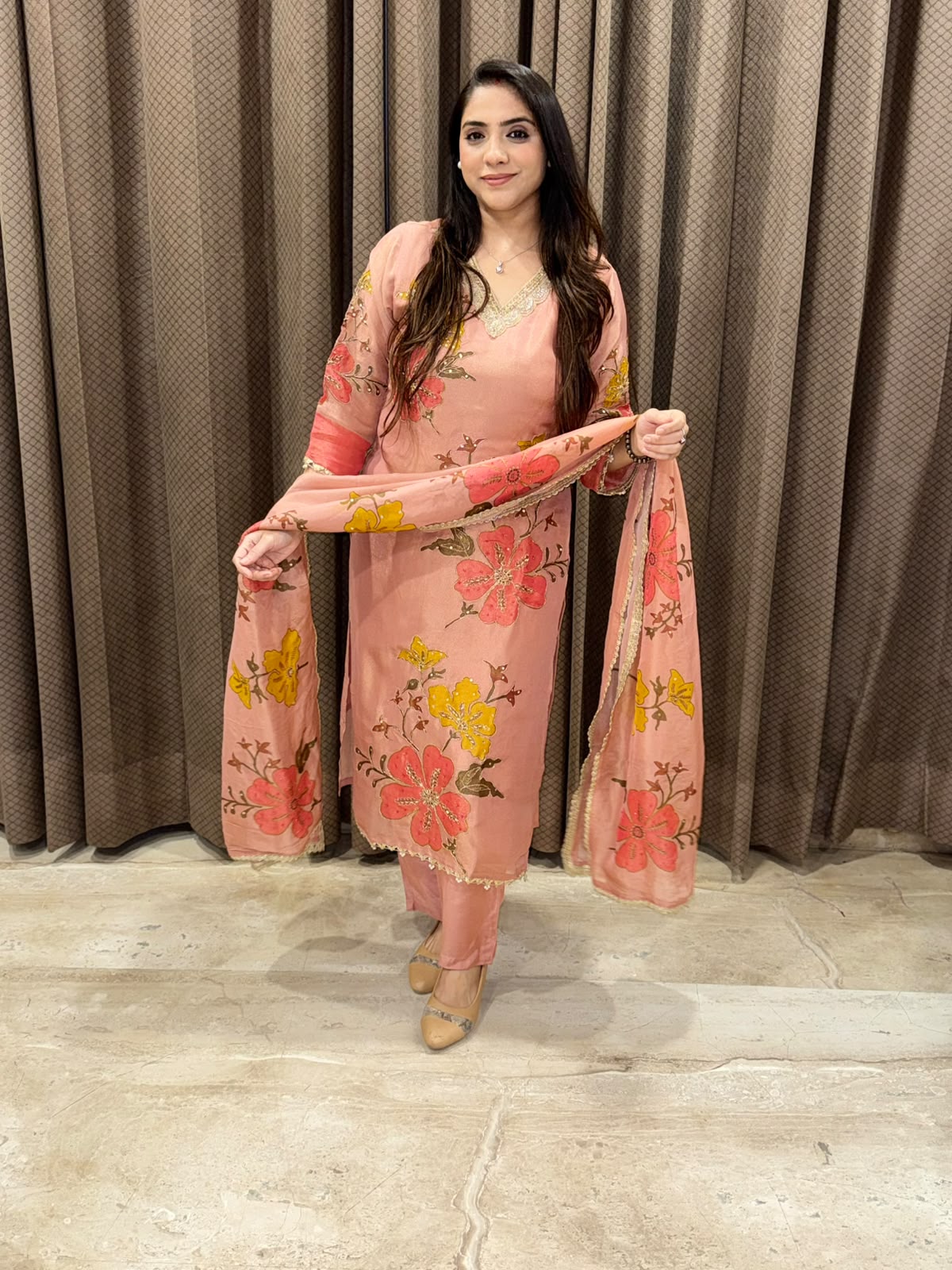 Peach floral designer Straight Suit set with handwork and dupatta