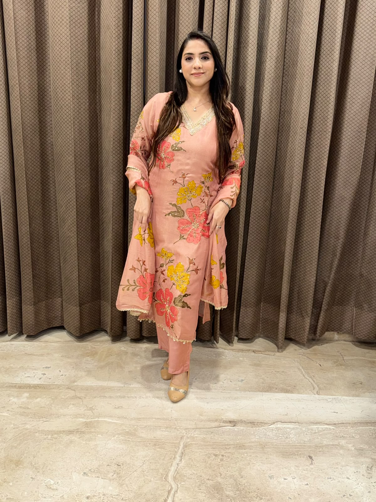 Peach floral designer Straight Suit set with handwork and dupatta