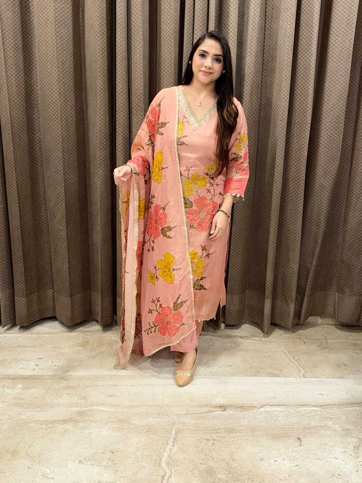 Peach floral designer Straight Suit set with handwork and dupatta