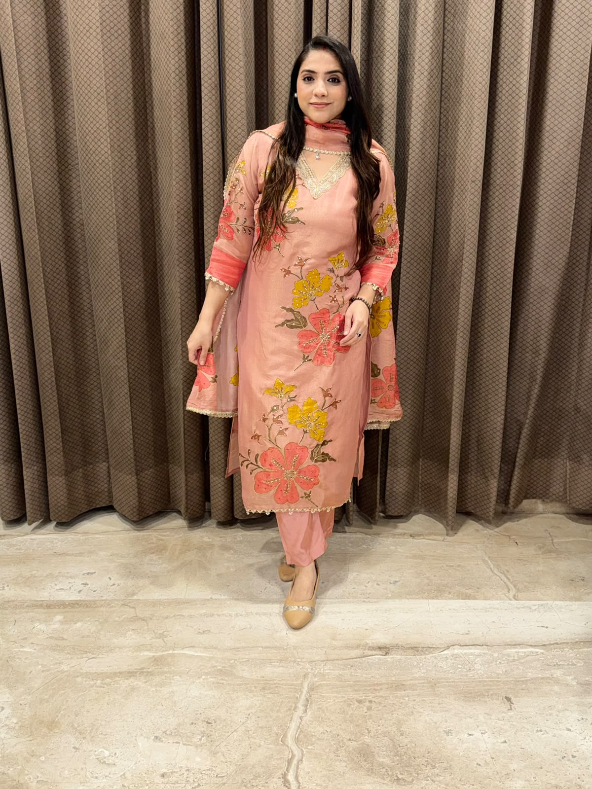 Peach floral designer Straight Suit set with handwork and dupatta