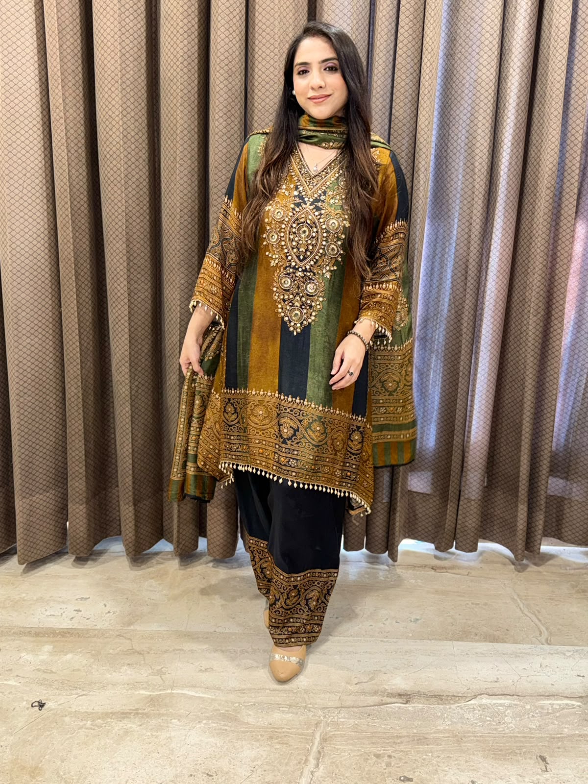 Green Digital Handwork C-Cut Kurta set with dupatta